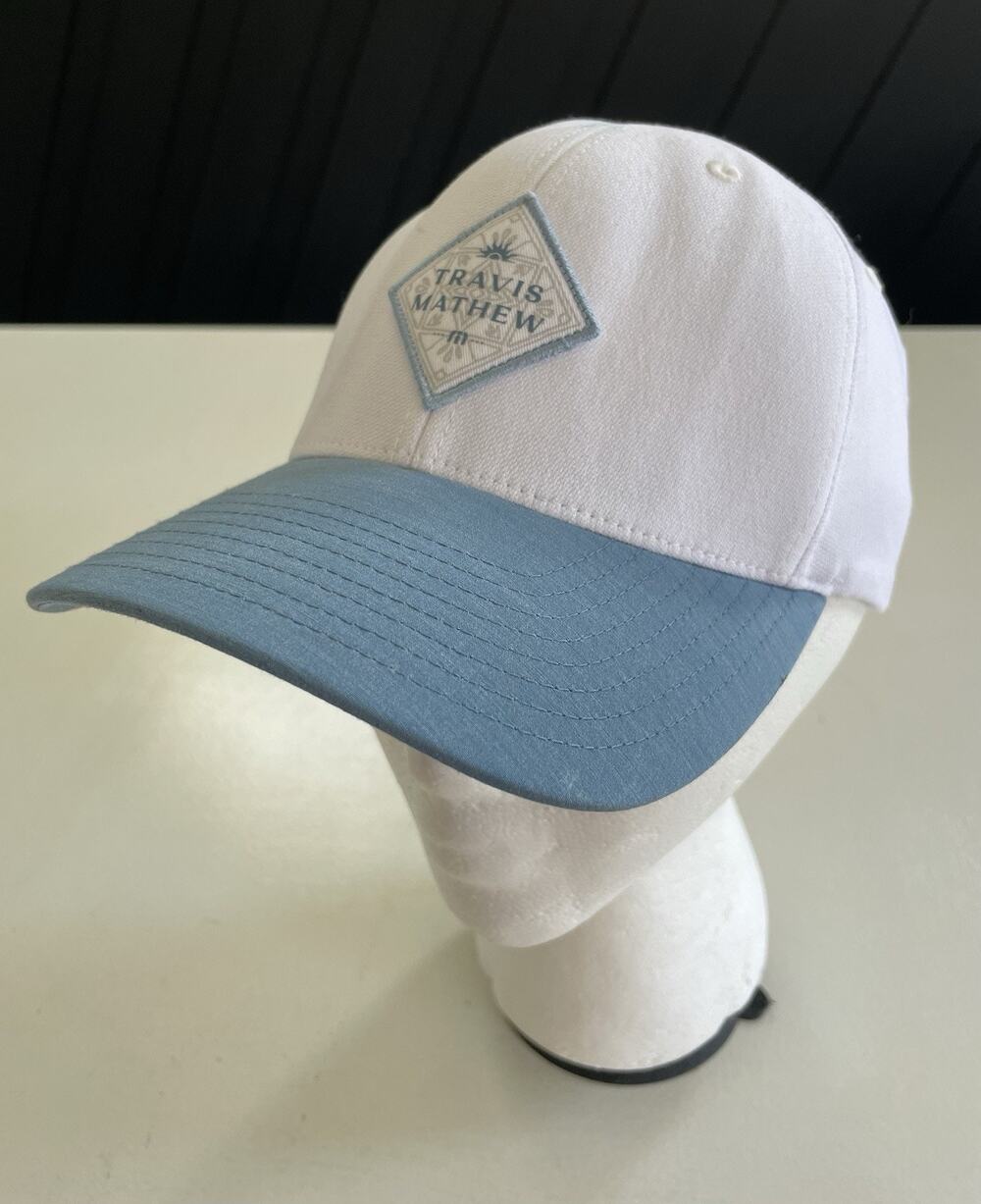 EUC Travis Mathew Golf Base Fare Snapback Hat Cap White Blue One Size Flexfit